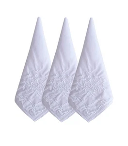 Womens Embroidered Scalloped Handkerchiefs Cotton White Wedding Hankies - Picture 1 of 7