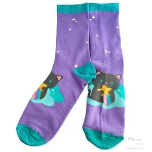 New Black Cat Kitten Kitty Purple Shooting Star Rainbow Lady Woman's Socks 7-10 - Picture 1 of 1