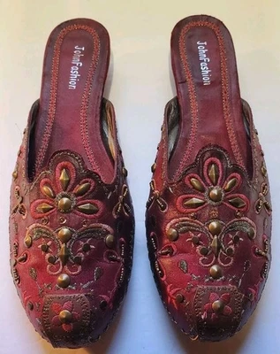 JohnFasion vtg maroon leather sequin floral embroidered studded mule shoes 8.5 - Image 1 of 4
