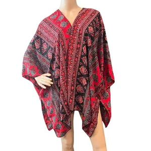 MAUDE Women's Open Lightweight Poncho Shawl Wrap Bohemian Red Black OS - Picture 1 of 7