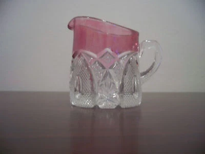 PRESSED GLASS CREAMER WITH RUBY Rose FLASH  Bent Buckle New Hampshire Pitcher - Image 1 of 4