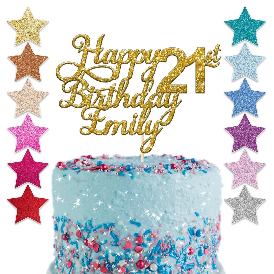 YOUNIQUE GIFTS Personalised Glitter 21st Happy Birthday Cake Topper Any Age Any Name 16th 30th