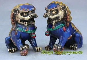 Old Fengshui bronze Cloisonne Guardion Fu Foo Dogs Lion beast statue pair - Picture 1 of 6