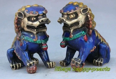 Old Fengshui bronze Cloisonne Guardion Fu Foo Dogs Lion beast statue pair/12CM - Image 1 of 4