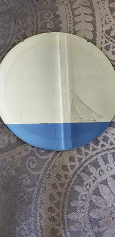ANTIQUE RARE DECO BLUE MIRROR WITH DEEP ETCHED SAILBOAT & SAILORS, WAVES, UNIQUE Cover