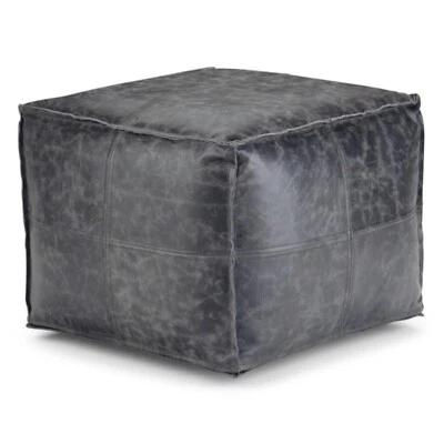 20'' Black Leather Moroccan Pouffe Footstool Ottoman Aamazing Genuine Home Decor - Image 1 of 4