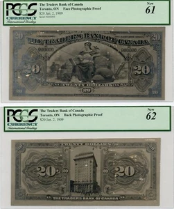 1909 $20 Traders Bank of Canada, Front & Back Photographic Proof Set PCGS UNC 62 - Picture 1 of 2