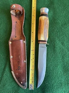 Solingen Baron Carved Elk Stag Handled Knife With Sheath - Picture 1 of 4