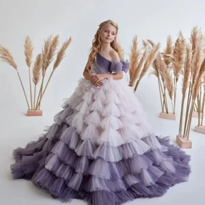 New Tulle Flower Girls Dresses One Shoulder Backless Layered Birthday Prom Gowns - Picture 1 of 5