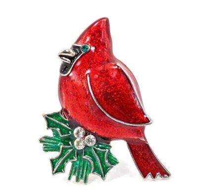 Red cardinal pin brooch with green leaves and crystals and green crystal eye New - Image 1 of 4