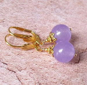 Cute Light Purple Lavender Lilac Earrings Jade Gemstone Gold Plated Lever Backs - Picture 1 of 3