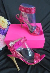 BETSEY JOHNSON  fuchsia HIGH HEEL shoes SEQUIN satin ANKLE STRAP 4.5" Siletto 8M - Picture 1 of 12