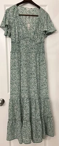 New Max Studio Womens Maxi A-line Dress Size L Green Floral Short Sleeve Ruffle - Picture 1 of 8