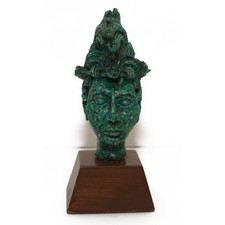 Vintage Zarebski Mexican Mayan Warrior Bust Malachite On Teak Wood Art Sculpture