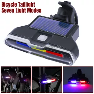 Solar/USB Rechargeable LED Bicycle Cycling Tail Light Rear Warning Lamp 7 Modes - Picture 1 of 13