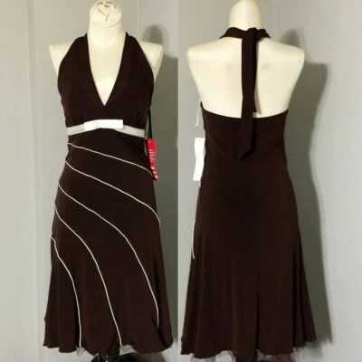 Nuevo Vestido Halter LOVE TEASE Pequeño Para Mujer Marrón Fiesta Cóctel Satén Lazo Forrado Foto 1 de 4