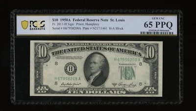 DBR 1950-A $10 FRN St. Louis Gem Fr. 2011-H PCGS-B 65 PPQ Serial H67958208A - Image 1 of 2