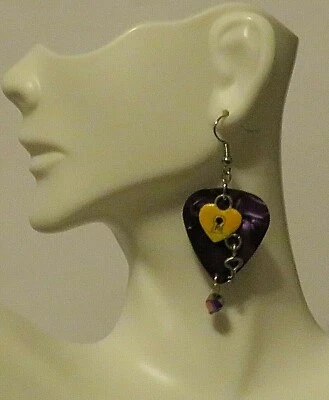 Purple With Yellow Painted Lock-Key Dangle 1.25" Hook Earrings - Image 1 of 2
