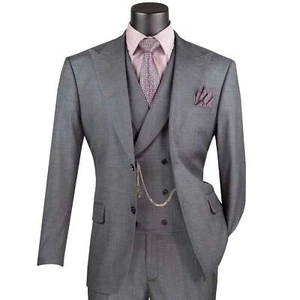 VINCI Men's Charcoal Textured 3pc Modern Fit Suit w/ Adjustable Waist - NEW - Picture 1 of 4