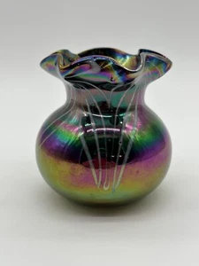 Vintage 4” Cobalt Iridescent Art Glass Bud Vase - Picture 1 of 8