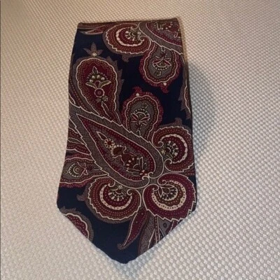 John Henry Ultra Mens 100% Silk Crepe Paisley Tie Made In USA Burgundy & Navy - Image 1 of 4