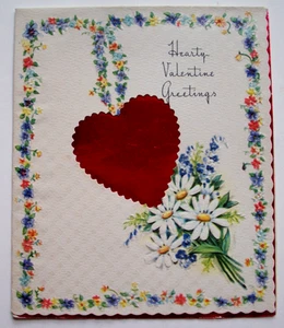 Foil heart & Daisies embossed unsigned vintage Valentine Greeting Card VV21 - Picture 1 of 3