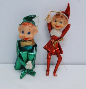 VTG Knee Hugger Elf Shimmer Green + Red Elf Christmas Ornament Some Damage READ - Picture 1 of 12