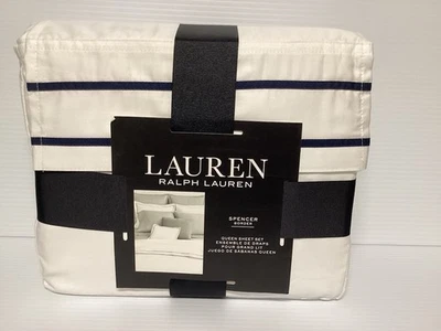 Juego de sábanas Ralph Lauren Queen Spencer Border satén blanco azul marino 100 % algodón 300TC Foto 1 de 3