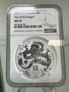 2024 Australia Silver Lunar Year of the Dragon .9999 Fine 1 oz $1 Coin NGC MS70 - Picture 1 of 4