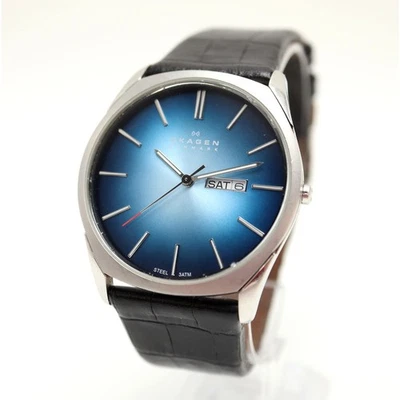 Skagen Mens Day Date Slim Dress 41mm Blue Watch Black Leather w New Battery - Image 1 of 4