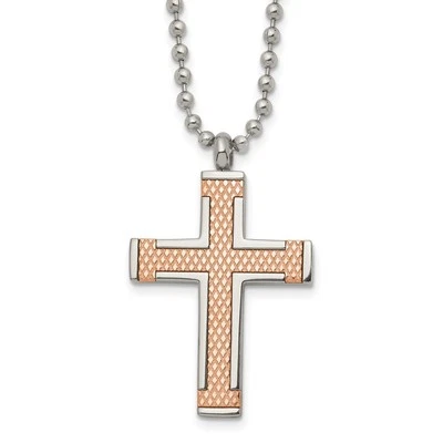 Titanium Polished Rose IP-plated Laser Cut Cross Necklace 22" 11.52gm Foto 1 de 4
