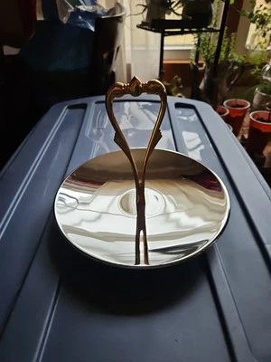 Vintage 1980's Kromex USA Small 8-1/2" dia Round Tidbit Tray w Brass Handle - Image 1 of 4