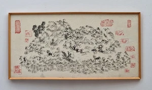 Großer alter orientalischer chinesischer Holzschnitt auf Reispapier gerahmtes Bild - Bild 1 von 3