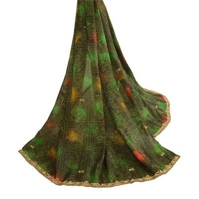 Bufandas Zari Sanskriti Vintage Dupatta Estola Larga Arte Seda Verde Hijab Cuentas de Mano Foto 1 de 4