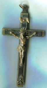 EUROPE 1880´ NUN PECTORAL CROSS JESUS CRUCIFIX "INRI" SKULL -BRONZE WOOD INLAY - Picture 1 of 4