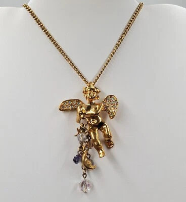 Kirks Folly Necklace 32in Gold Tone Crystal Angel Wings Celestial Star Moon Bead - Image 1 of 4