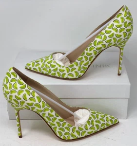 Manolo Blahnik BB 105 Pointy Toe Pump White Green Linen Limes Size 12 42 EU - Picture 1 of 24