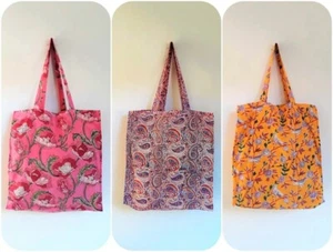 Anokhi 65x42cm Block Print Tote Bag Yellow Pink Flowers Birds Paisley Cotton India - Picture 1 of 8