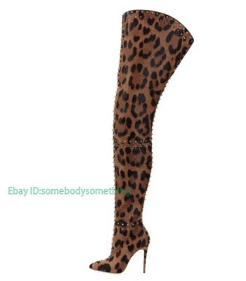 Botas de gamuza leopardo para mujer sobre la rodilla remaches punta tacones zapatos talla grande 4-15 Foto 1 de 4