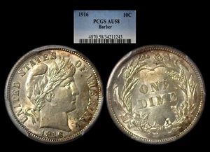 1916 Barber Dime graded PCGS AU58...pretty tone! - Picture 1 of 1