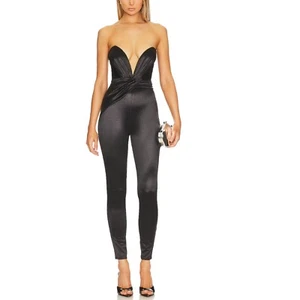NBD Castanha V Neck Jumpsuit Shiny Black Size M NWT - Picture 1 of 7