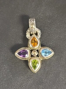 EFFY RARE RETIRED Clover style pendant Multi gemstone 925 and 18K Gold - Picture 1 of 5