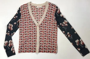 Tory Burch Merino Wool Lightweight Women’s Cardigan Sweater Flowered Gray Red XS - Picture 1 of 12