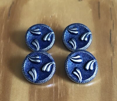 Set Of 4 Vintage Navy Blue Textured Buttons With Silver Colored Hearts - Image 1 of 3