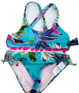 Beach Lingo 16 Girls Swimsuit Teal Tank Pink Pompoms Tropical Bikini Valentines - Picture 1 of 10