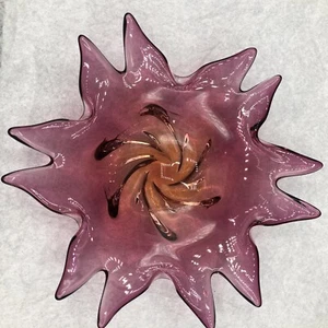 Vintage Chalet Cranberry Kunst Glas Schale gezogene Punkte Wirbel Blume Sonne - Bild 1 von 11