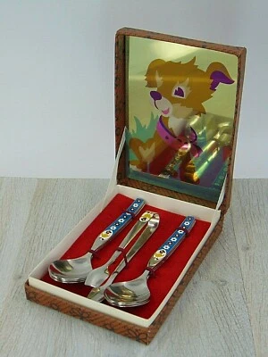 Baby spoons child's enamel Soviet Era gift set, original box. - Image 1 of 4