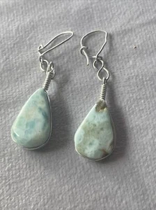 Larimar and Silver Metal Dangle Fishhook Earrings About 2” - Picture 1 of 5