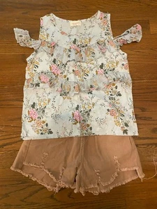 Girls Boutique Summer Floral Top & Pink Beige Cut Off Denim Shorts Elastic S 7-8 - Picture 1 of 6