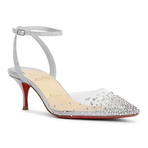 NEW Christian Louboutin Spikaqueen 55 Glitter Pointed Toe Kitten Heel Pumps 34 - Picture 1 of 14